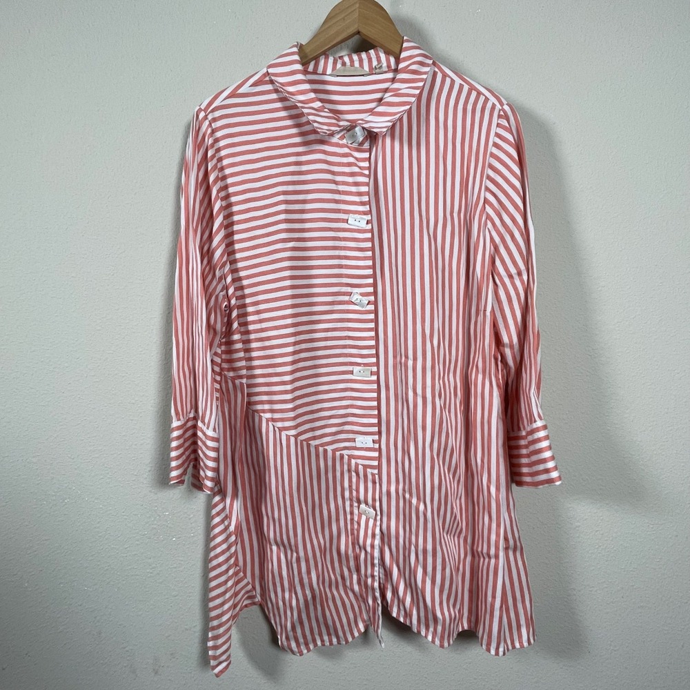 Soft Surroundings Striped Tunic Womens 1X Coral Pink Back Button High Low Shirt